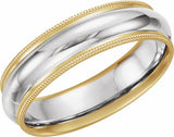 14K Yellow/White/Yellow 6 mm Milgrain Edge Grooved Comfort-Fit Half Round Band Size 8