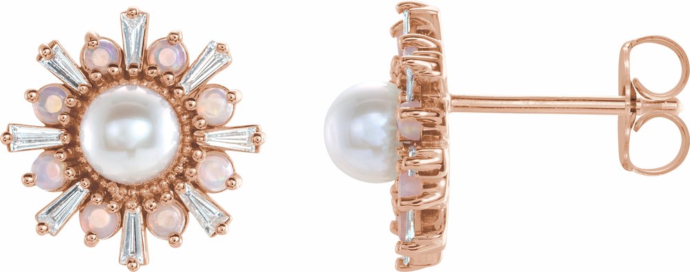 14K Rose Cultured White Akoya Pearl, Natural White Opal & 1/6 CTW Natural Diamond Earrings