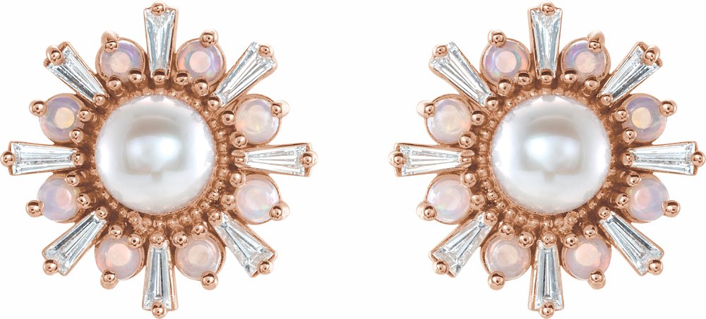 14K Rose Cultured White Akoya Pearl, Natural White Opal & 1/6 CTW Natural Diamond Earrings