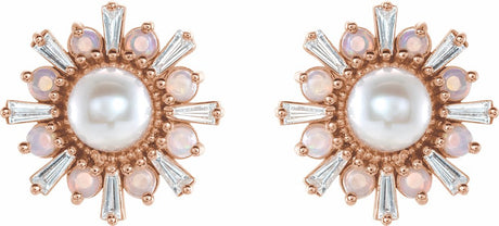 14K Rose Cultured White Akoya Pearl, Natural White Opal & 1/6 CTW Natural Diamond Earrings