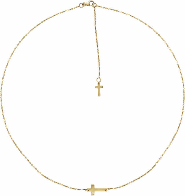 14K Yellow .01 CT Natural Diamond Sideways Cross Necklace