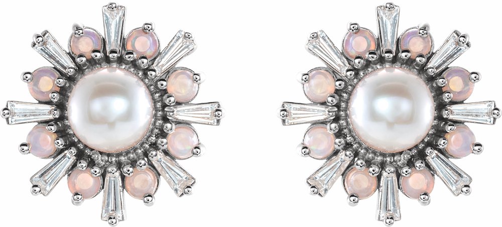 14K White Cultured White Akoya Pearl, Natural White Opal & 1/6 CTW Natural Diamond Earrings