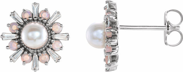 14K White Cultured White Akoya Pearl, Natural White Opal & 1/6 CTW Natural Diamond Earrings