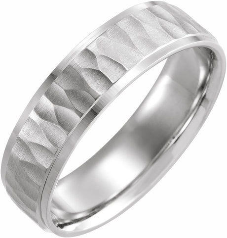 14K White 6 mm Step-Edge Band with Matte Hammered Textured Size 7.5