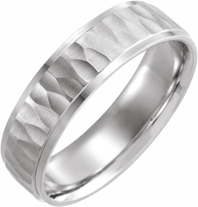 14K White 6 mm Step-Edge Band with Matte Hammered Textured Size 7.5
