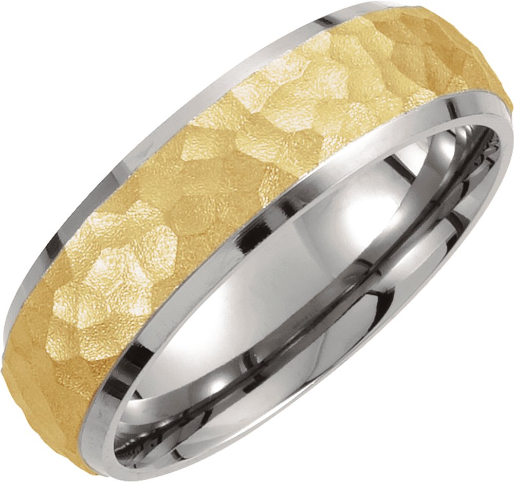 18K Yellow Gold-Plated & Titanium 7 mm Beveled-Edge Band with Hammered Finish Size 10