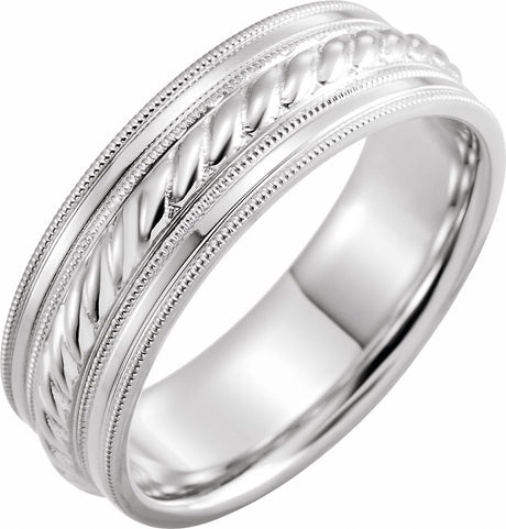 Continuum Sterling Silver 7 mm Milgrain Edge Rope Comfort-Fit Half Round Band Size 11