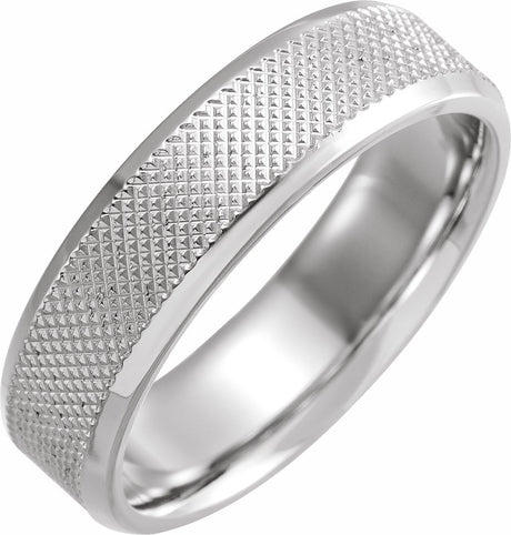 14K White Gold 6 mm Beveled-Edge Knurled Comfort-Fit Half Round Band Size 9