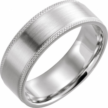 Platinum 7 mm Flat Knurled Edge Band with Satin Finish Size 10.5