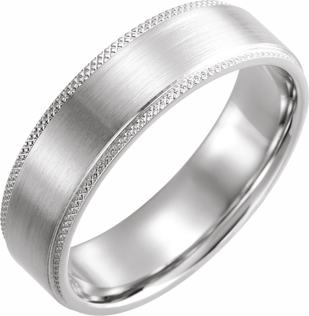 14K White 6 mm Flat Knurled Edge Band with Satin Finish Size 8.5