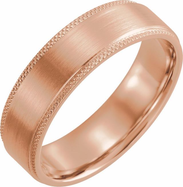 14K Rose 6 mm Flat Knurled Edge Band with Satin Finish Size 10