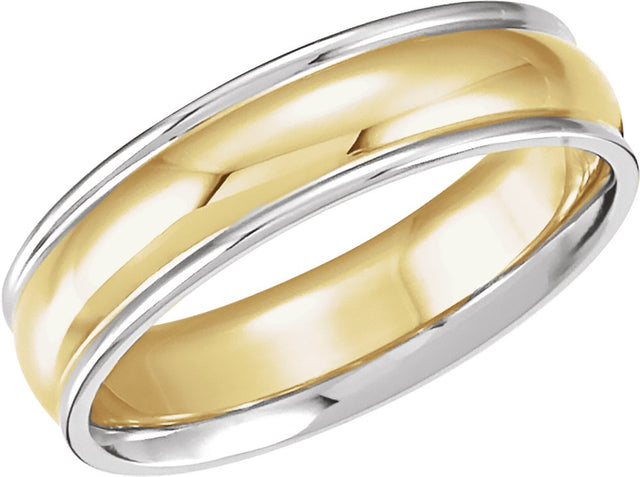 14K White/Yellow/White Gold 6 mm Grooved Comfort-Fit Half Round Band Size 9.5