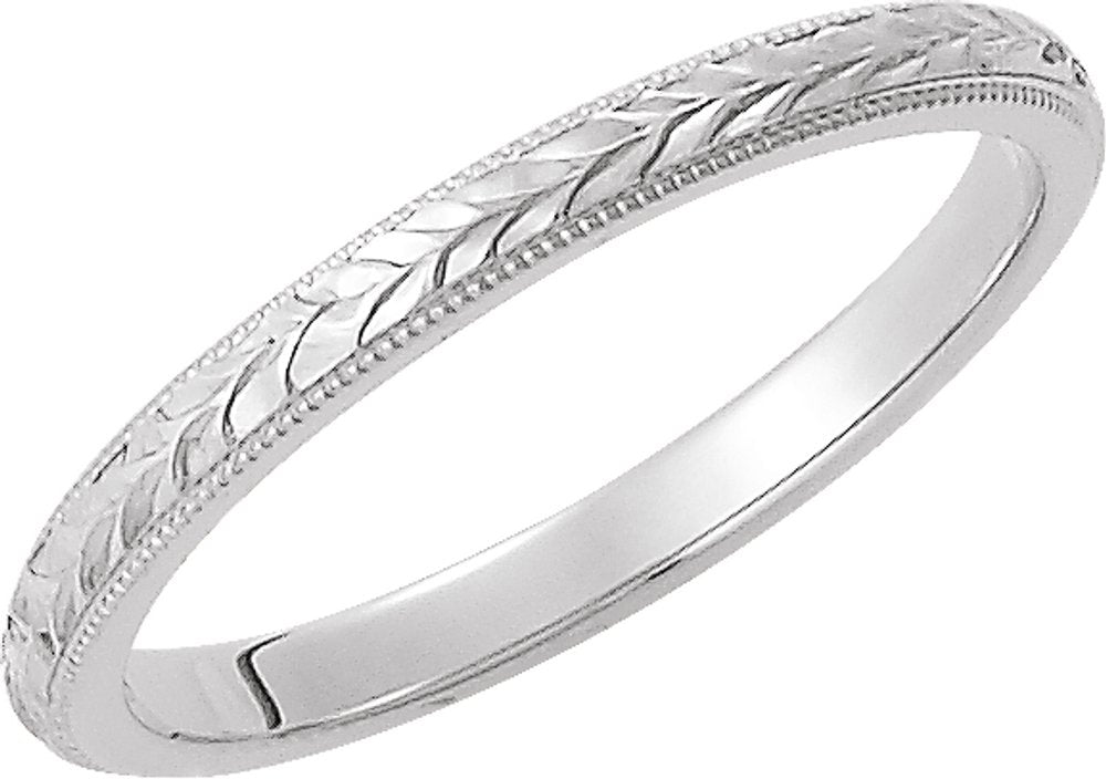 14K White Gold 2 mm Milgrain Hand-Engraved Wheat Pattern Flat Band Size 4