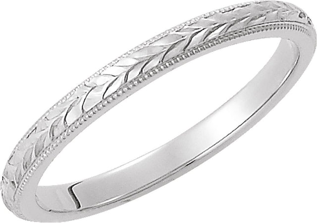 14K White Gold 2 mm Milgrain Hand-Engraved Wheat Pattern Flat Band Size 4