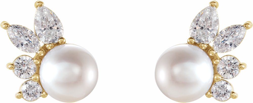 14K Yellow Cultured White Akoya Pearl & 1/2 CTW Natural Diamond Earrings