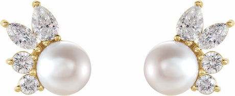 14K Yellow Cultured White Akoya Pearl & 1/2 CTW Natural Diamond Earrings