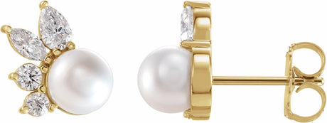 14K Yellow Cultured White Akoya Pearl & 1/2 CTW Natural Diamond Earrings