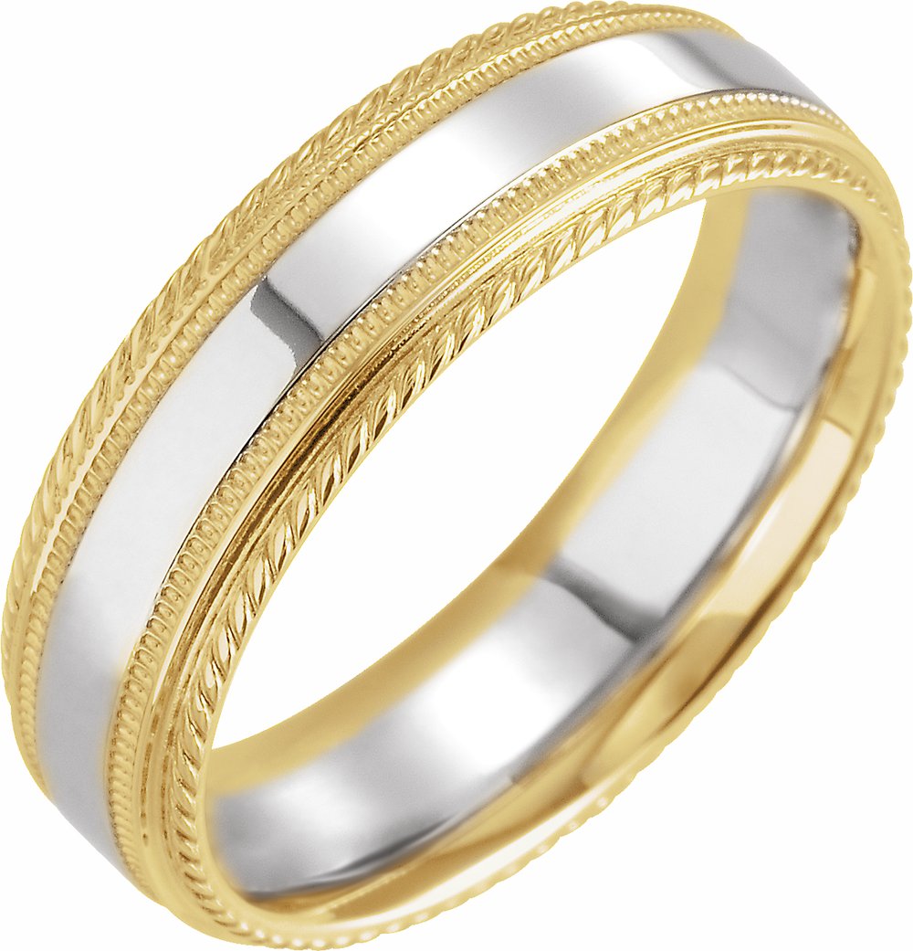 14K Yellow/White/Yellow Gold 6 mm Milgrain Rope Stepped-Edge Comfort-Fit Band Size 10
