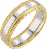 14K Yellow/White/Yellow Gold 6 mm Milgrain Rope Stepped-Edge Comfort-Fit Band Size 10
