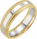 14K Yellow/White/Yellow 6 mm Rope Edge Band with Milgrain Size 6.5