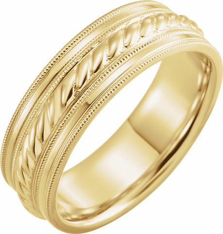 14K Yellow Gold 7 mm Milgrain Edge Rope Comfort-Fit Half Round Band Size 9
