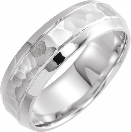 14K X1 White Gold 7 mm Beveled-Edge Comfort-Fit Half Round Band with Hammer Finish Size 9.5
