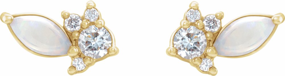 14K Yellow Australian Natural White Opal & 1/6 CTW Natural Diamond Cluster Earrings