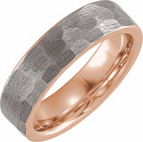 18K Rose Gold PVD Tungsten 6 mm Flat Hammered Band Size 6.5