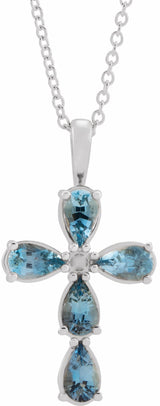 14K White Gold Natural Aquamarine Cross 16-18" Necklace