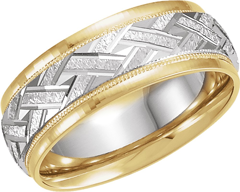 18K Yellow & Platinum 7 mm Milgrain Woven-Design Comfort-Fit Half Round Band Size 8