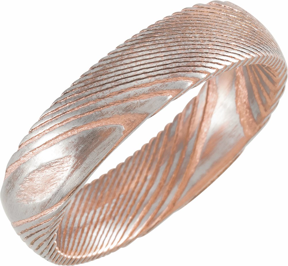 18K Rose Gold PVD Damascus Steel 6 mm Half Round Patterned Band Size 7.5