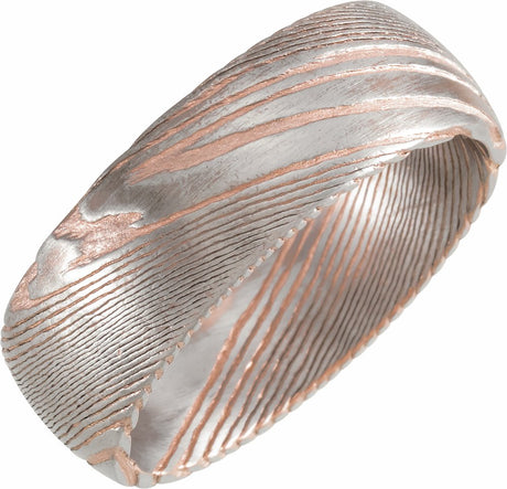 18K Rose Gold PVD Damascus Steel 8 mm Half Round Patterned Band Size 10.5