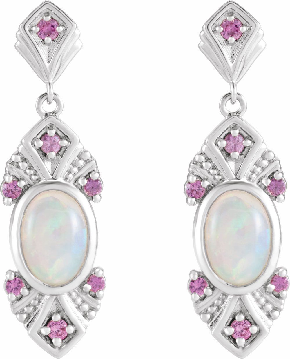 14K White Natural Ethiopian Opal & Natural Pink Sapphire Vintage-Inspired Earrings