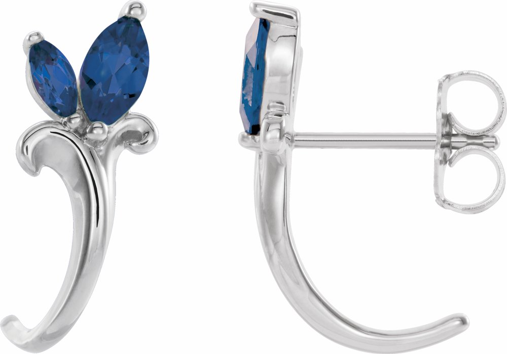 14K White Natural Blue Sapphire Floral J-Hoop Earrings