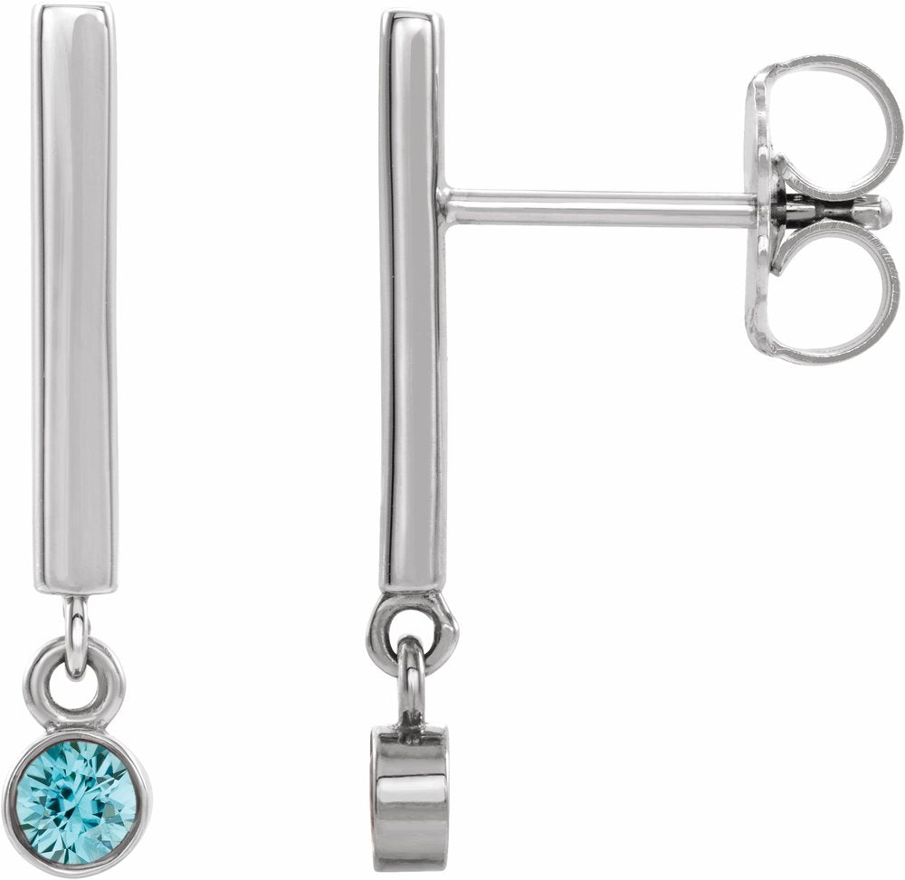 14K White Natural Blue Zircon Bar Earrings