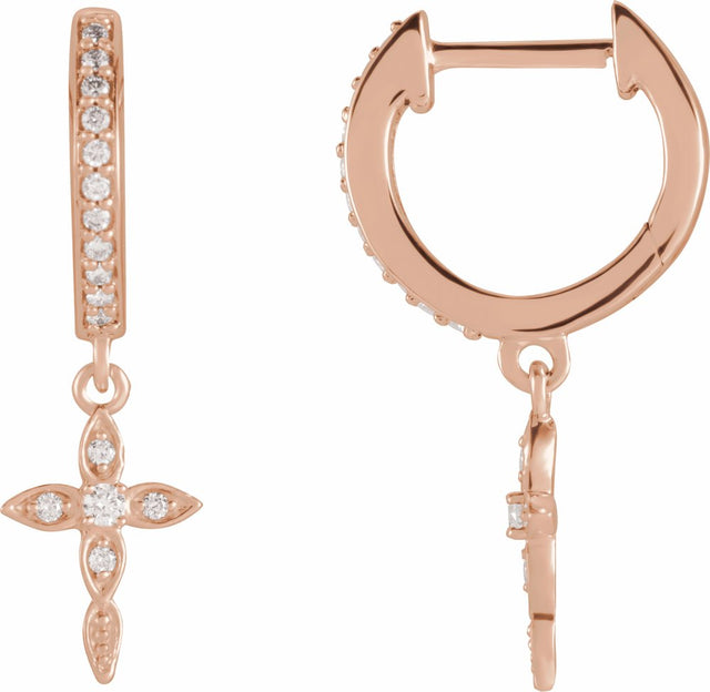 14K Rose Gold 1/8 CTW Natural Diamond Cross Hoop Earrings