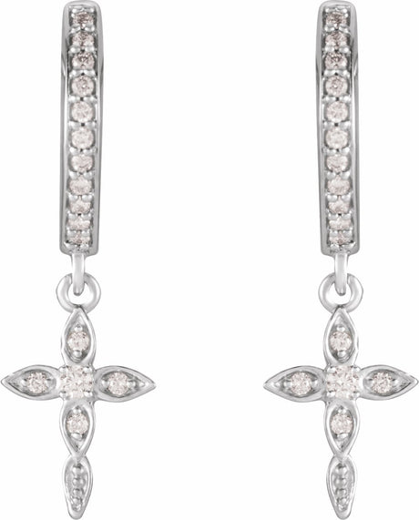 14K White Gold 1/8 CTW Natural Diamond Cross Hoop Earrings