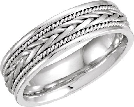 14K White 6.75 mm Rope Hand-Woven Flat Comfort-Fit Band Size 10