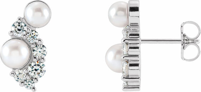 14K White Gold Cultured White Akoya Pearls & 1/2 CTW Natural Diamond Earrings