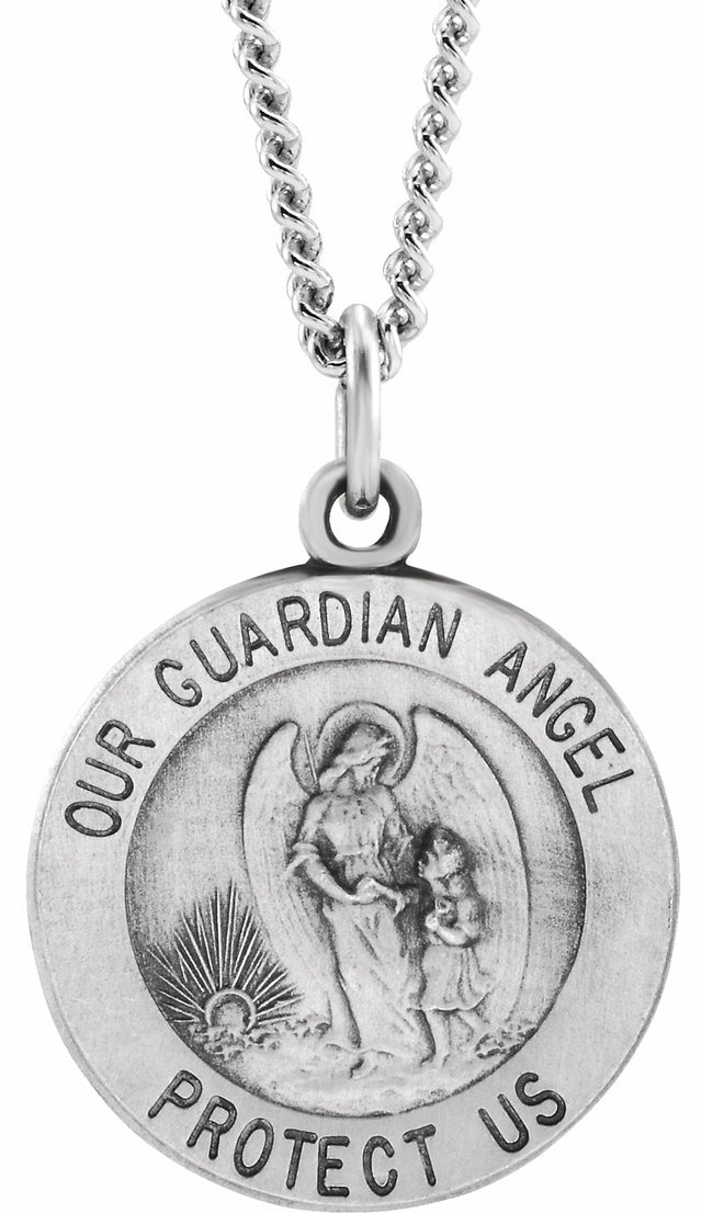 Sterling Silver 15 mm Guardian Angel Medal 18" Necklace