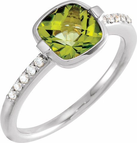 14K White Checkerboard Natural Peridot & 1/10 CTW Natural Diamond Ring