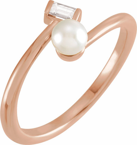 14K Rose Cultured White Akoya Pearl & 1/10 CT Natural Diamond Ring