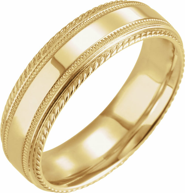 10K Yellow Gold 6 mm Milgrain Rope Stepped-Edge Comfort-Fit Band Size 13.5

