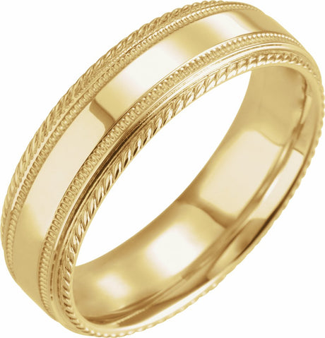14K Yellow 6 mm Milgrain Rope Stepped-Edge Comfort-Fit Band Size 9
