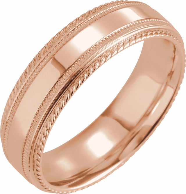 14K Rose 6 mm Milgrain Rope Stepped-Edge Comfort-Fit Band Size 6
