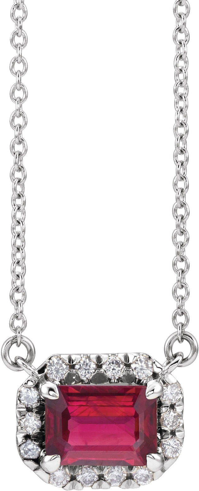 14K White 7x5 mm Lab-Grown Ruby & 1/5 CTW Natural Diamond Halo-Style 16" Necklace