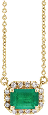 14K Yellow Gold 6x4 mm Natural Emerald & 1/5 CTW Natural Diamond Halo-Style 18" Necklace