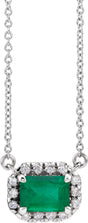 14K White 6x4 mm Natural Emerald & 1/5 CTW Natural Diamond Halo-Style 18" Necklace