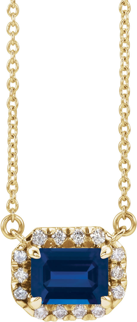 14K Yellow Gold 5x3 mm Lab-Grown Blue Sapphire & 1/8 CTW Natural Diamond Halo-Style 18" Necklace