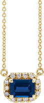 14K Yellow Gold 5x3 mm Lab-Grown Blue Sapphire & 1/8 CTW Natural Diamond Halo-Style 18" Necklace